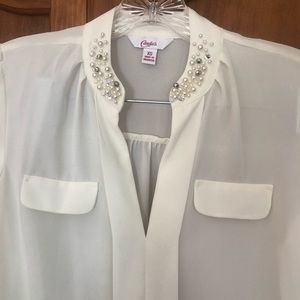 NWOT White blouse with pearl and rhinestone collar